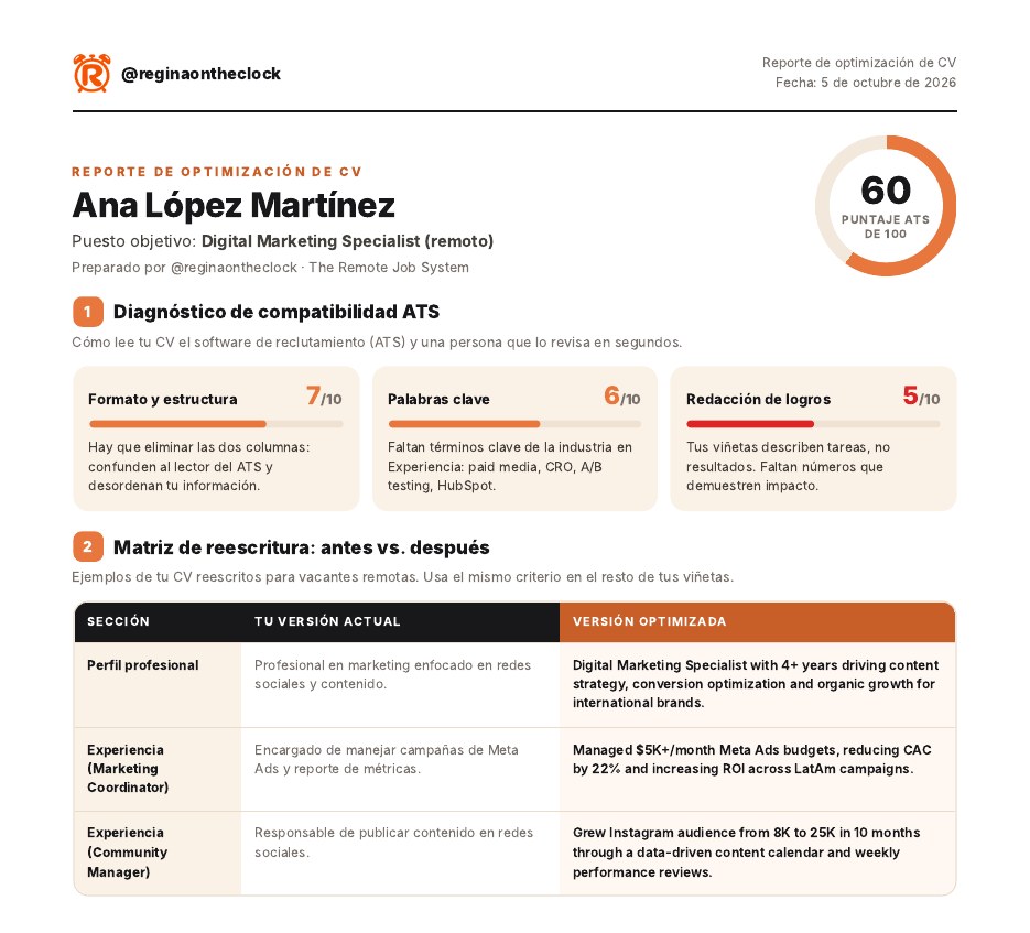 Ejemplo del reporte de optimización de CV
